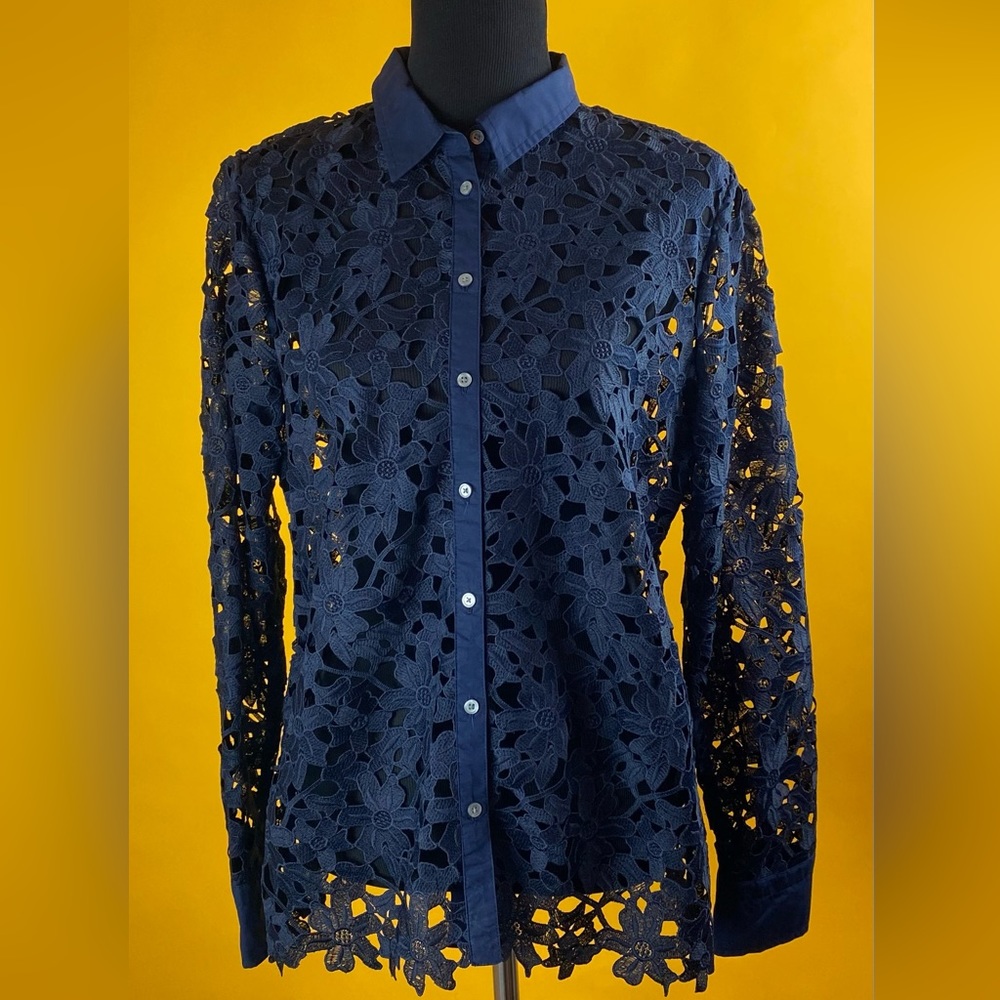 Banana Republic Navy Floral Appliqué Blouse